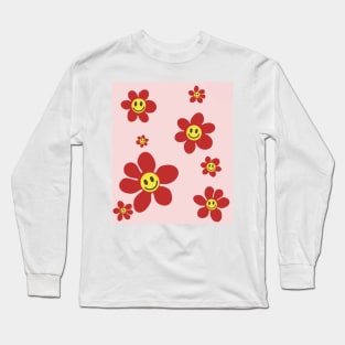 pattern flower emoji happy red pink yellow Long Sleeve T-Shirt